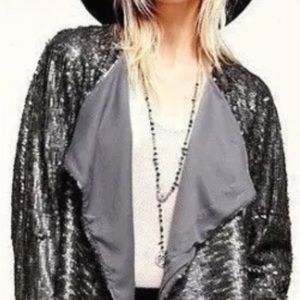 Free People Gunmetal Silver Sequin Open Front Waterfall Jacket S/P Excellent!